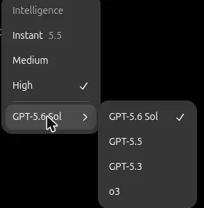 ChatGPT model menu showing GPT-5.6 Sol