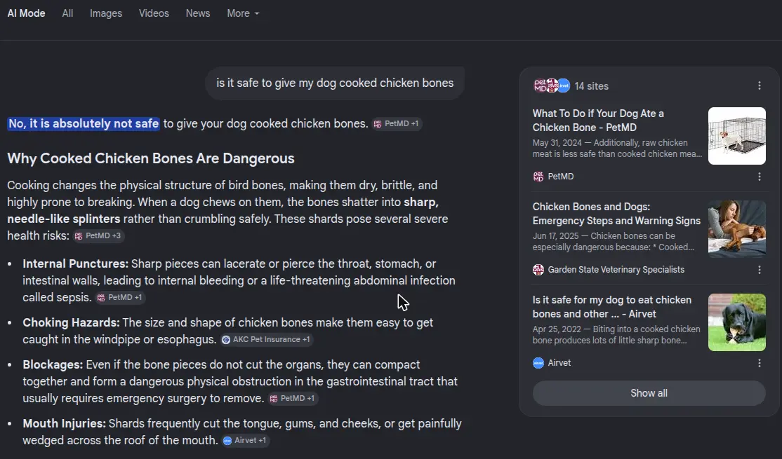 Google AI Mode answering whether cooked chicken bones are safe for dogs