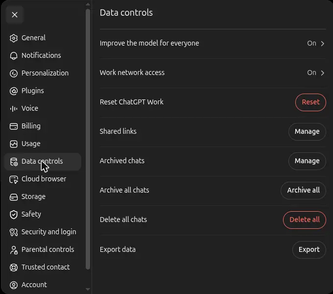 ChatGPT settings, Data controls section